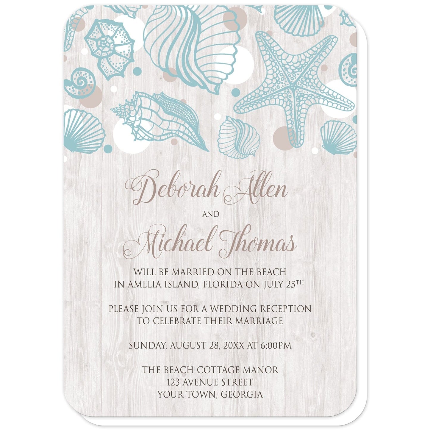 Seashell Whitewashed Wood Beach Reception Only Invitations (with rounded corners) at Artistically Invited. Rustic-chic seashell whitewashed wood beach reception only invitations with a turquoise seashell line drawing with accent tan and white dots over a light whitewashed wood illustration. Your personalized post-wedding reception details are custom printed in tan and brown over the whitewashed wood background below the seashells.