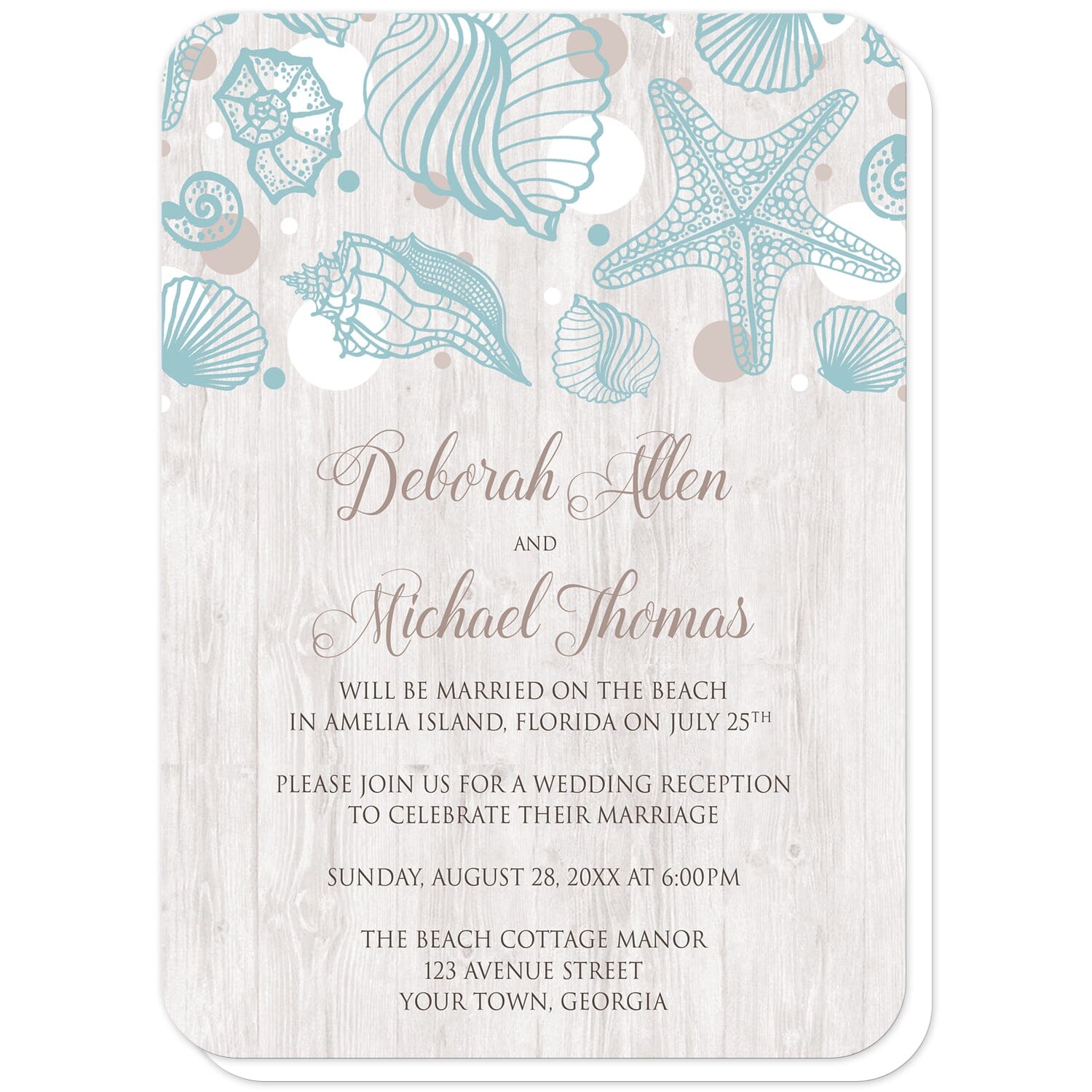Seashell Whitewashed Wood Beach Reception Only Invitations (with rounded corners) at Artistically Invited. Rustic-chic seashell whitewashed wood beach reception only invitations with a turquoise seashell line drawing with accent tan and white dots over a light whitewashed wood illustration. Your personalized post-wedding reception details are custom printed in tan and brown over the whitewashed wood background below the seashells.