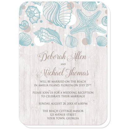 Seashell Whitewashed Wood Beach Reception Only Invitations (with rounded corners) at Artistically Invited. Rustic-chic seashell whitewashed wood beach reception only invitations with a turquoise seashell line drawing with accent tan and white dots over a light whitewashed wood illustration. Your personalized post-wedding reception details are custom printed in tan and brown over the whitewashed wood background below the seashells.
