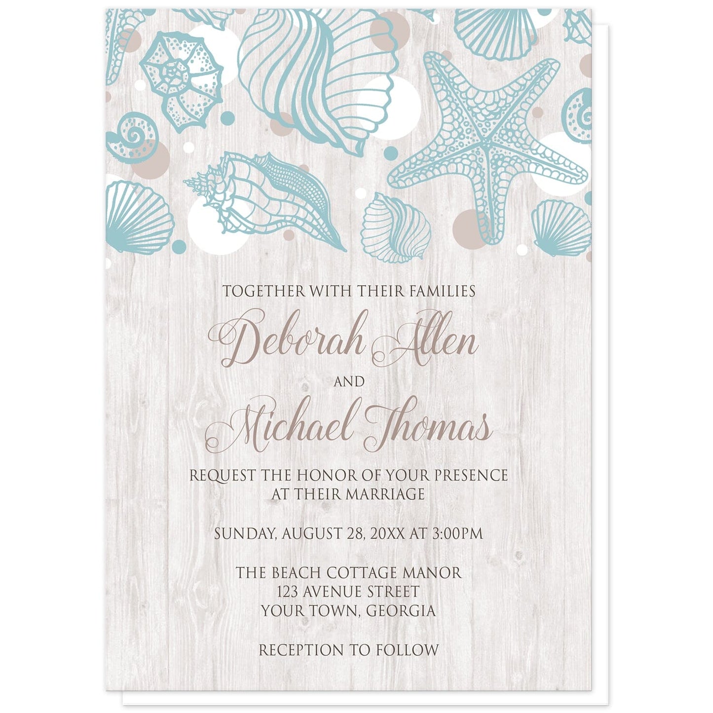 Seashell Whitewashed Wood Beach Wedding Invitations at Artistically Invited. Rustic-chic seashell whitewashed wood beach wedding invitations with a turquoise seashell line drawing with accent tan and white dots over a light whitewashed wood illustration. Your personalized marriage celebration details are custom printed in tan and brown over the whitewashed wood background below the seashells.