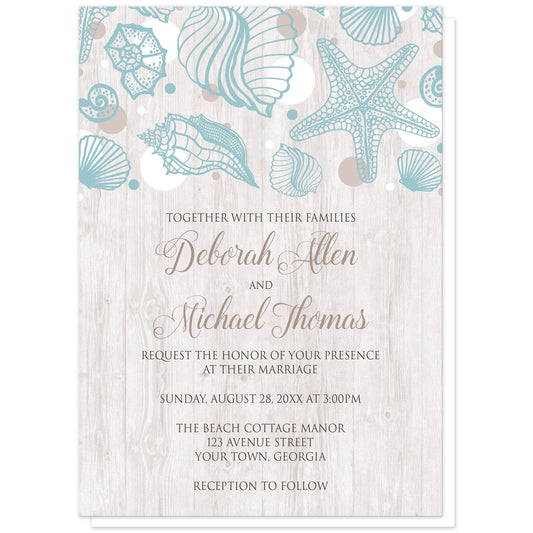 Seashell Whitewashed Wood Beach Wedding Invitations at Artistically Invited. Rustic-chic seashell whitewashed wood beach wedding invitations with a turquoise seashell line drawing with accent tan and white dots over a light whitewashed wood illustration. Your personalized marriage celebration details are custom printed in tan and brown over the whitewashed wood background below the seashells.