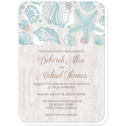 Seashell Whitewashed Wood Beach Wedding Invitations (with rounded corners) at Artistically Invited. Rustic-chic seashell whitewashed wood beach wedding invitations with a turquoise seashell line drawing with accent tan and white dots over a light whitewashed wood illustration. Your personalized marriage celebration details are custom printed in tan and brown over the whitewashed wood background below the seashells.