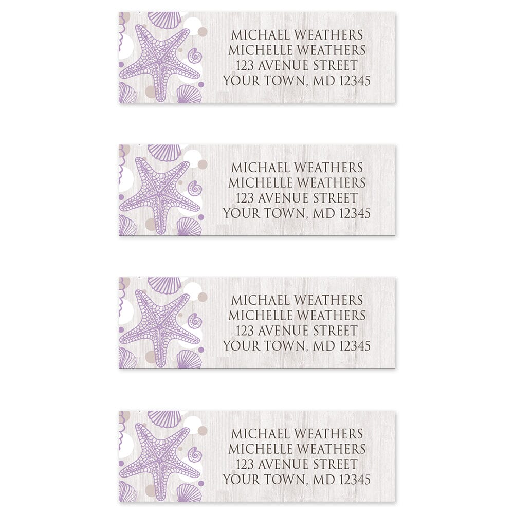 Seashell Whitewashed Wood Purple Beach Address Labels (4 labels to a sheet) at Artistically Invited. Modern and rustic seashell whitewashed wood purple beach address labels personalized with your return address. These beautiful address labels are designed with a purple seashell outline drawing, tan and white dots to the left side, over a light whitewashed wood background illustration. Your return address is personalized in a brown all-capital letters font over the whitewashed wood pattern.