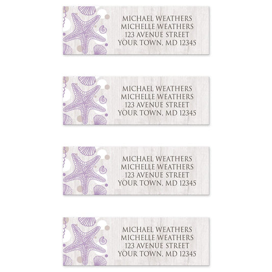 Seashell Whitewashed Wood Purple Beach Address Labels (4 labels to a sheet) at Artistically Invited. Modern and rustic seashell whitewashed wood purple beach address labels personalized with your return address. These beautiful address labels are designed with a purple seashell outline drawing, tan and white dots to the left side, over a light whitewashed wood background illustration. Your return address is personalized in a brown all-capital letters font over the whitewashed wood pattern.