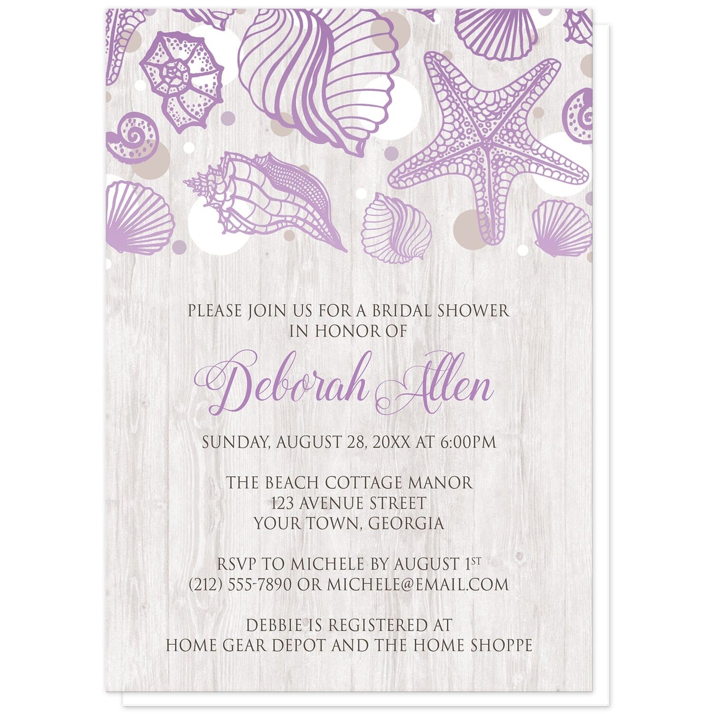 Seashell Whitewashed Wood Purple Beach Bridal Shower Invitations at Artistically Invited. Rustic-chic seashell whitewashed wood purple beach bridal shower invitations with a purple seashell line drawing with accent tan and white dots over a light whitewashed wood illustration. Your personalized bridal shower celebration details are custom printed in tan and brown over the whitewashed wood background below the seashells.