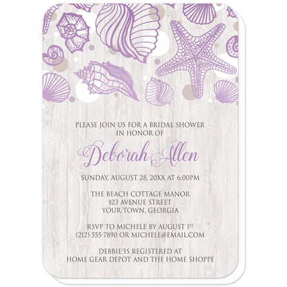 Seashell Whitewashed Wood Purple Beach Bridal Shower Invitations (with rounded corners) at Artistically Invited. Rustic-chic seashell whitewashed wood purple beach bridal shower invitations with a purple seashell line drawing with accent tan and white dots over a light whitewashed wood illustration. Your personalized bridal shower celebration details are custom printed in tan and brown over the whitewashed wood background below the seashells.