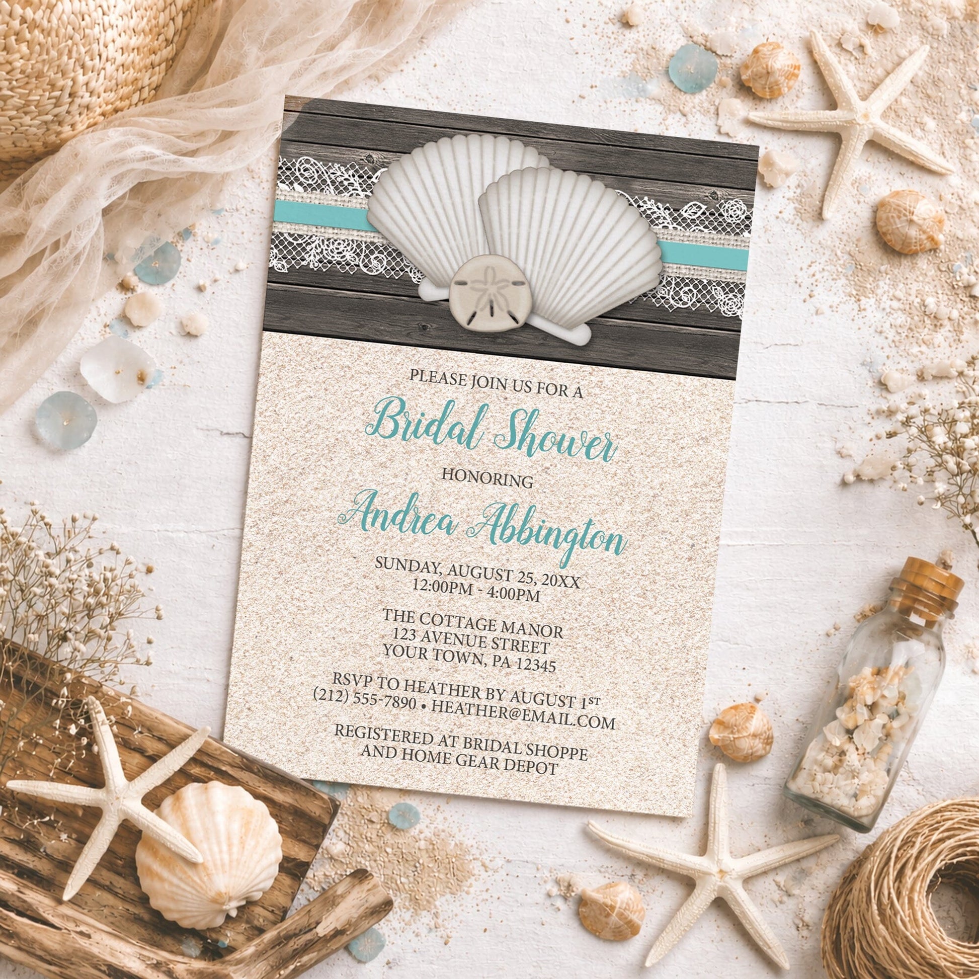 Seashell Lace Wood and Sand Beach Bridal Shower Invitation on a sandy background.