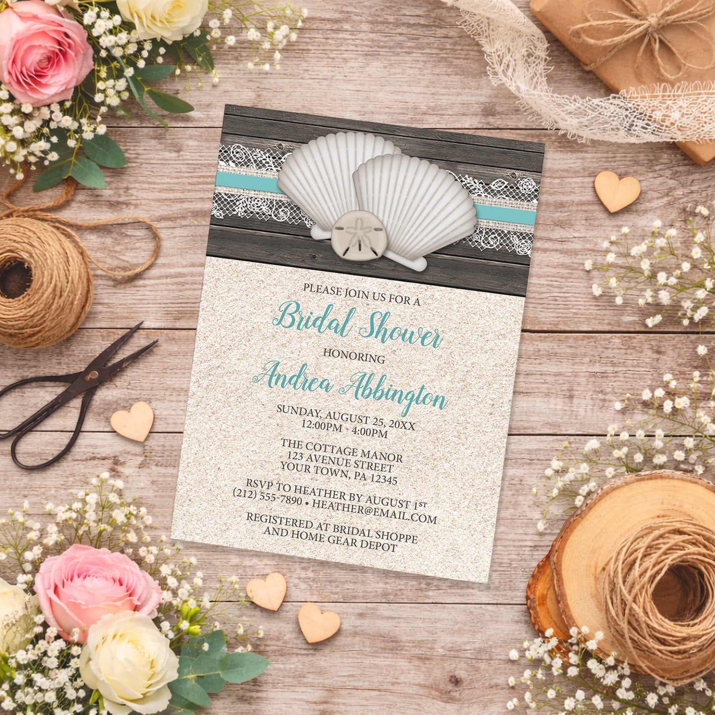 Seashell Lace Wood and Sand Beach Bridal Shower Invitation on a rustic wooden background