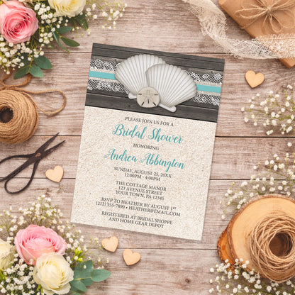 Seashell Lace Wood and Sand Beach Bridal Shower Invitation on a rustic wooden background