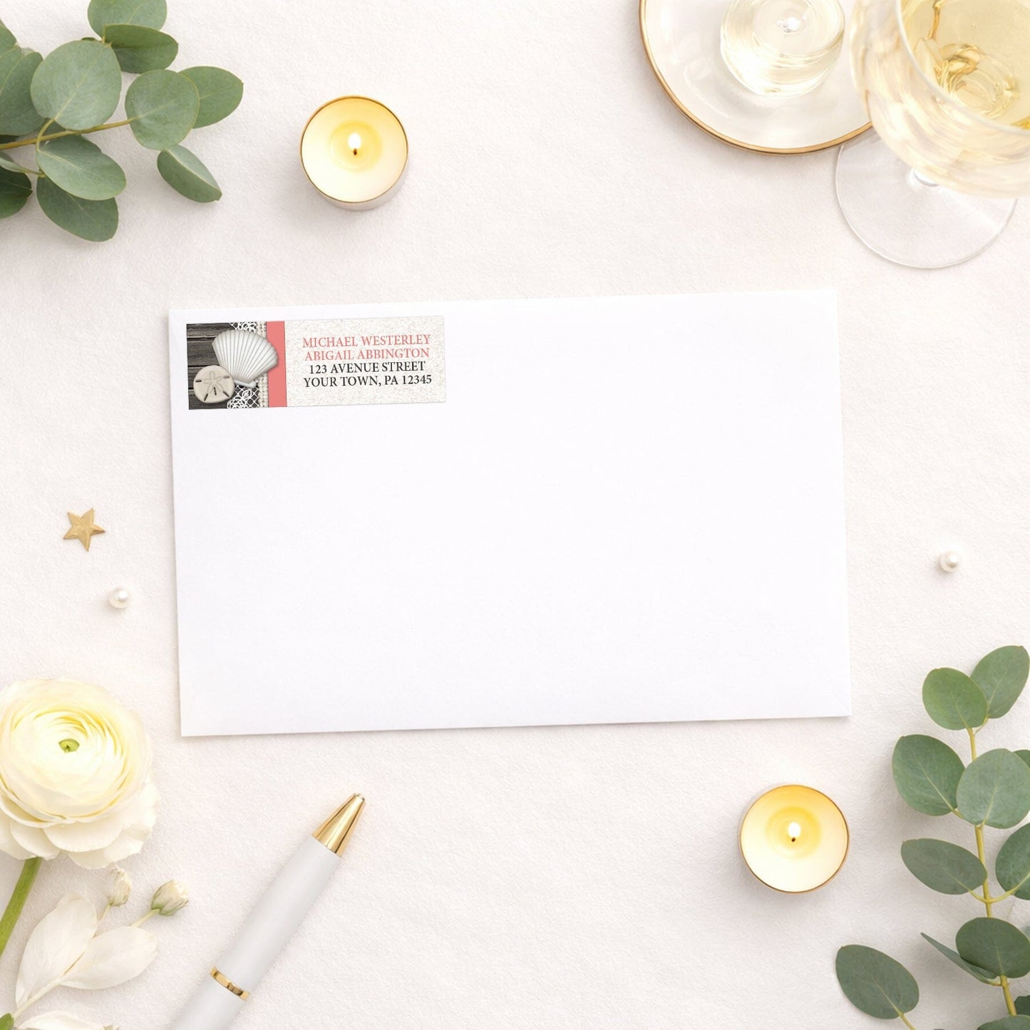 Seashell Lace Wood and Sand Coral Beach Address Label shown on a white envelope with wedding and bridal shower supplies