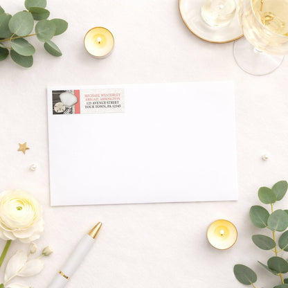 Seashell Lace Wood and Sand Coral Beach Address Label shown on a white envelope with wedding and bridal shower supplies