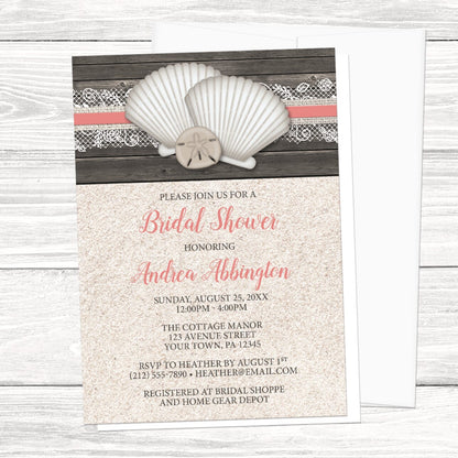 Beach bridal shower invitation with seashells and lace, wood, and sand, displayed with a white envelope on a white wood surface