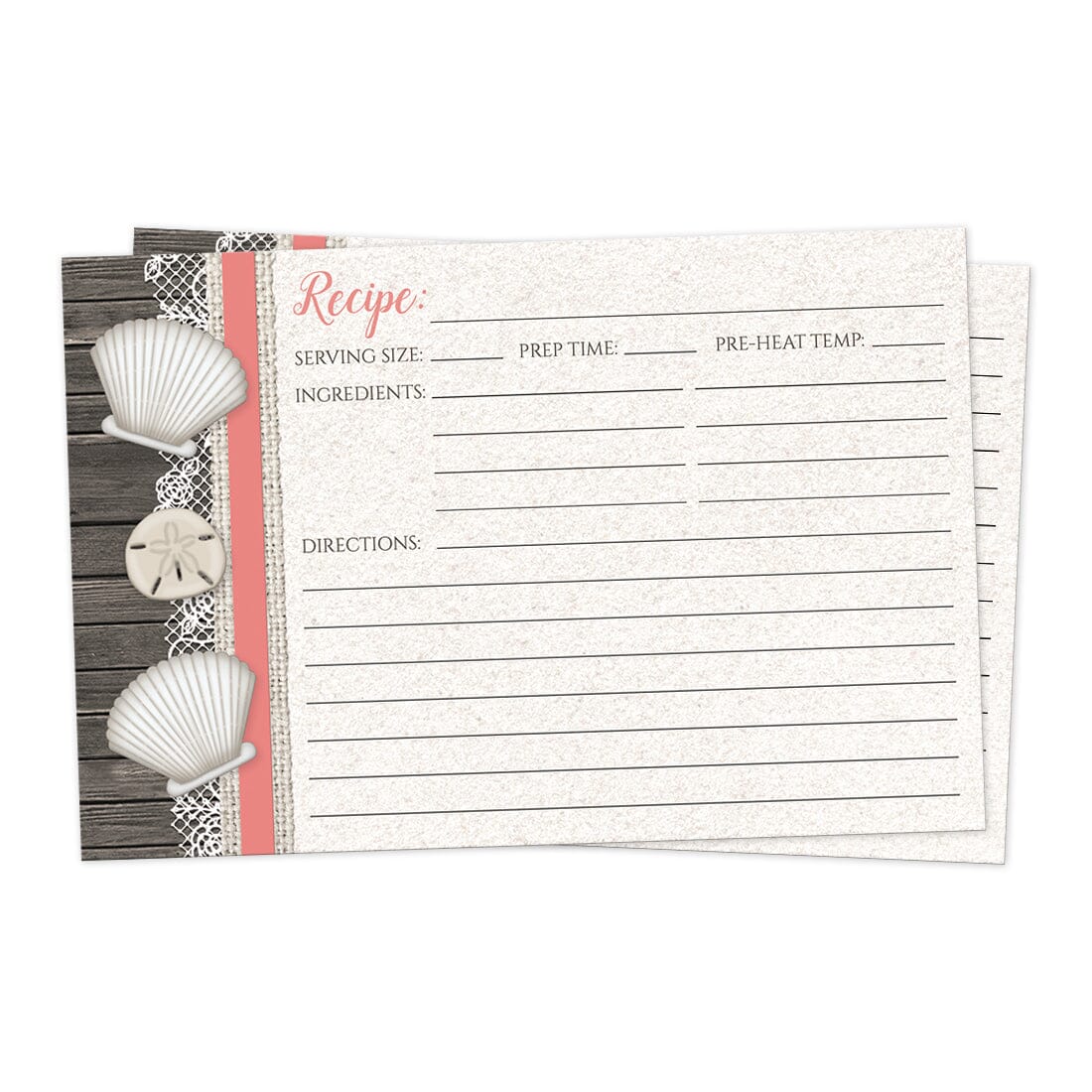 Front side of the Seashell Lace Wood and Sand Coral Beach Recipe Cards