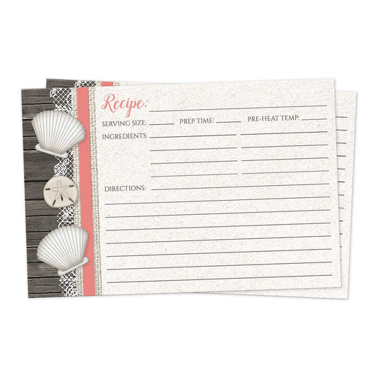 Front side of the Seashell Lace Wood and Sand Coral Beach Recipe Cards