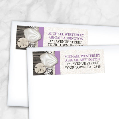 2 Seashell Lace Wood and Sand Purple Beach Address Labels shown on white envelopes on a marble surface