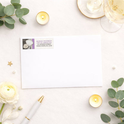 Seashell Lace Wood and Sand Purple Beach Address Label shown on a white envelope with wedding and shower supplies