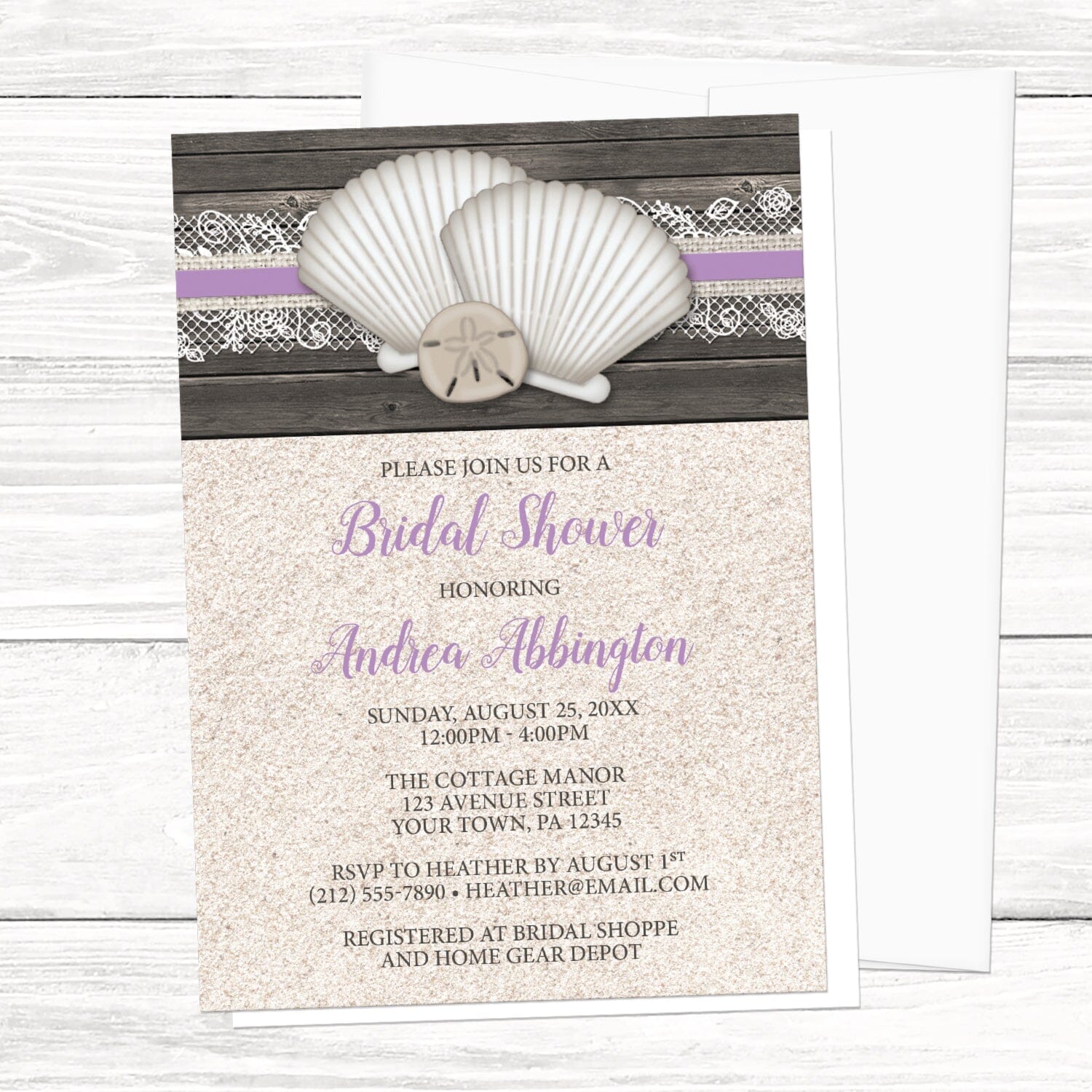 Seashell Lace Wood and Sand Purple Beach Bridal Shower Invitation shown on a light wood surface with a white envelope.