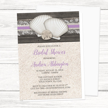 Seashell Lace Wood and Sand Purple Beach Bridal Shower Invitation shown on a light wood surface with a white envelope.