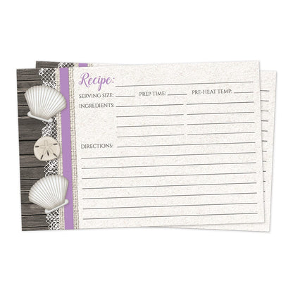 Front side of the Seashell Lace Wood and Sand Purple Beach Recipe Cards