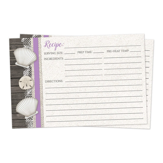 Front side of the Seashell Lace Wood and Sand Purple Beach Recipe Cards