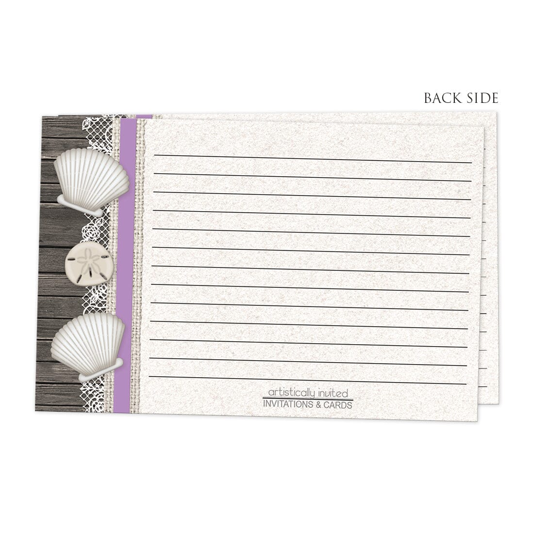Back side of the Seashell Lace Wood and Sand Purple Beach Recipe Cards