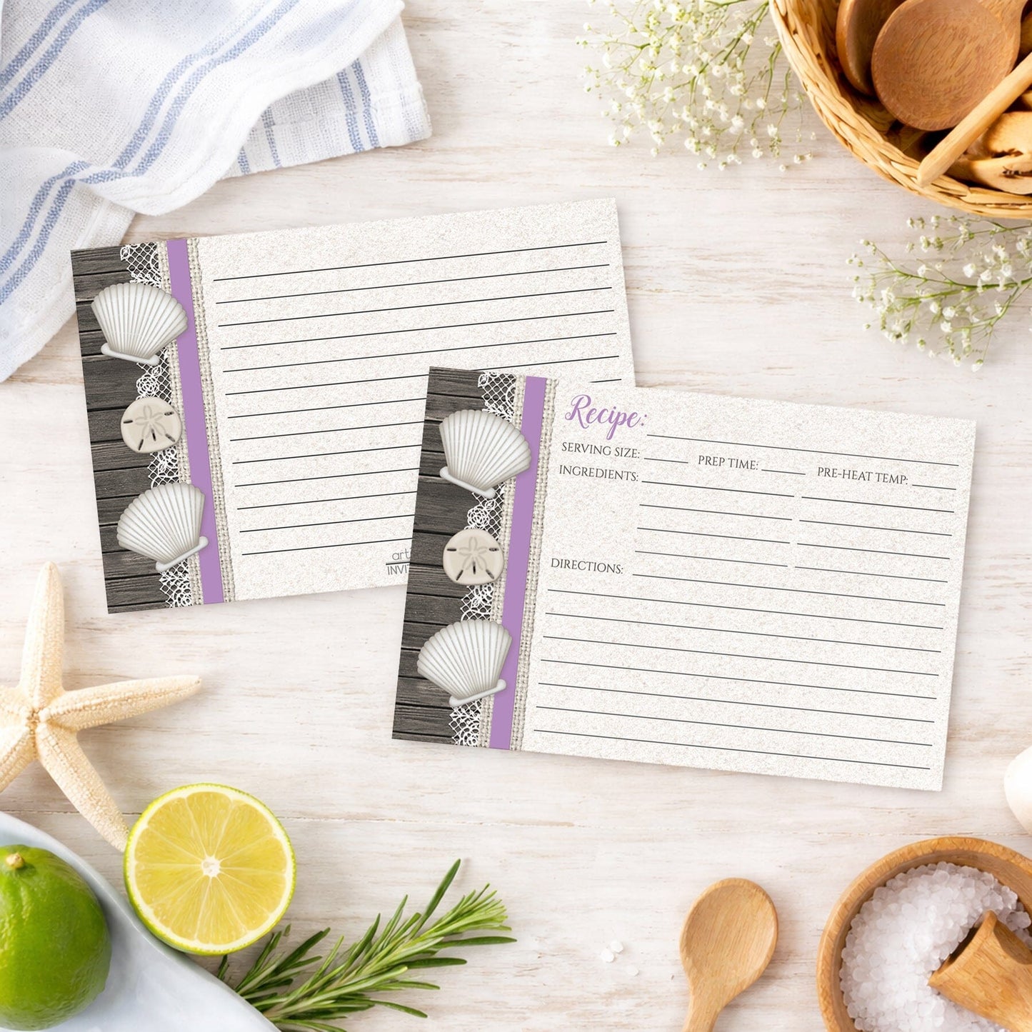 Set of Seashell Lace Wood and Sand Purple Beach Recipe Cards on a wooden surface with beach house kitchen items.