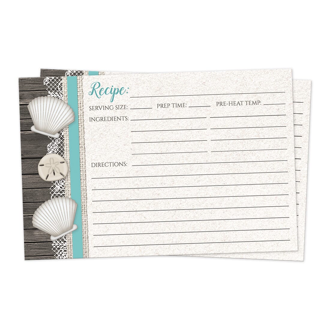 Front side of the Seashell Lace Wood and Sand Teal Beach Recipe Cards
