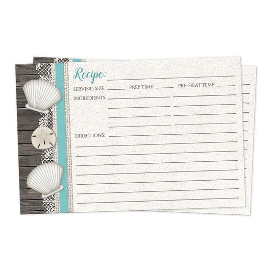 Front side of the Seashell Lace Wood and Sand Teal Beach Recipe Cards