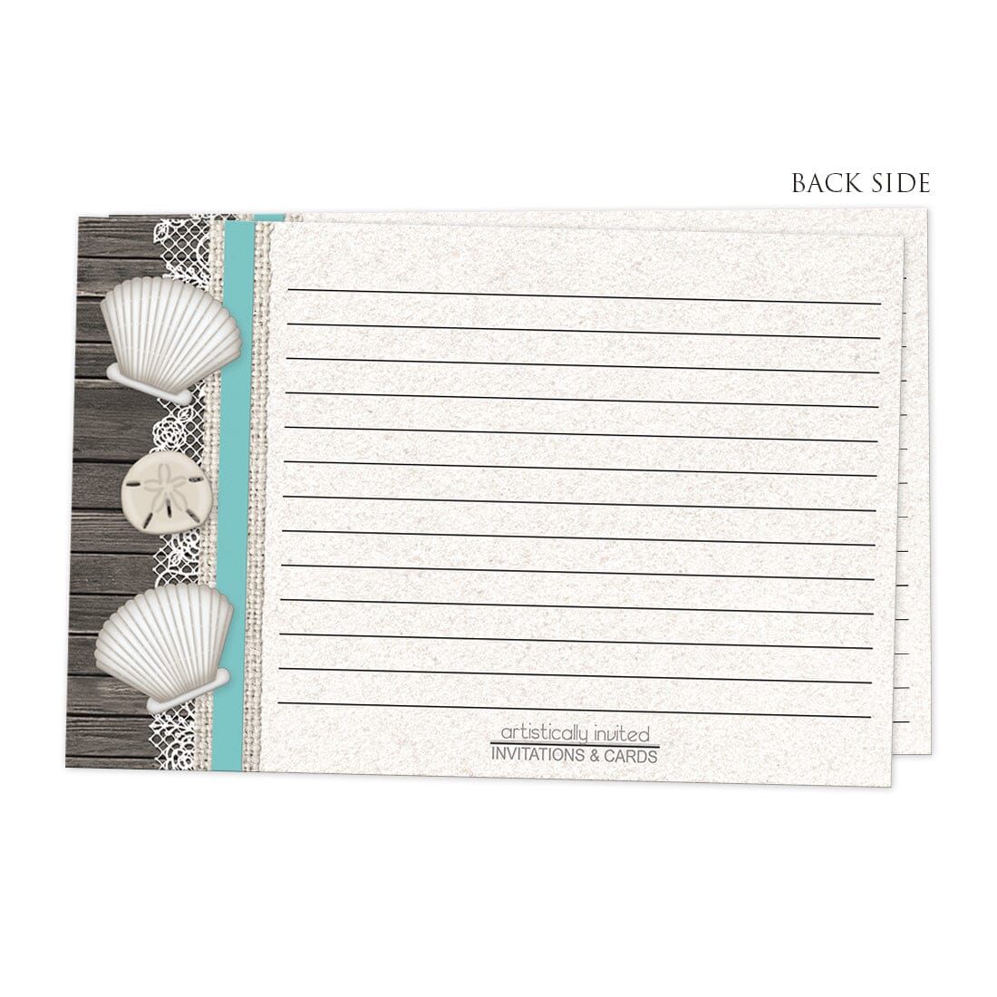 Back side of the Seashell Lace Wood and Sand Teal Beach Recipe Cards