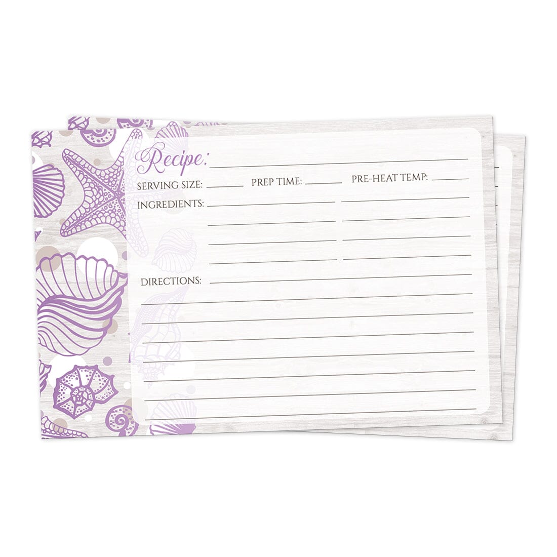 Front side of the Seashell Whitewashed Wood Purple Beach Recipe Cards