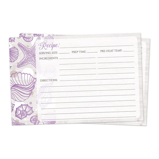 Front side of the Seashell Whitewashed Wood Purple Beach Recipe Cards