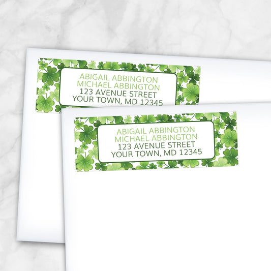 2 Shamrocks and 4-Leaf Clovers Address Labels shown on white envelopes