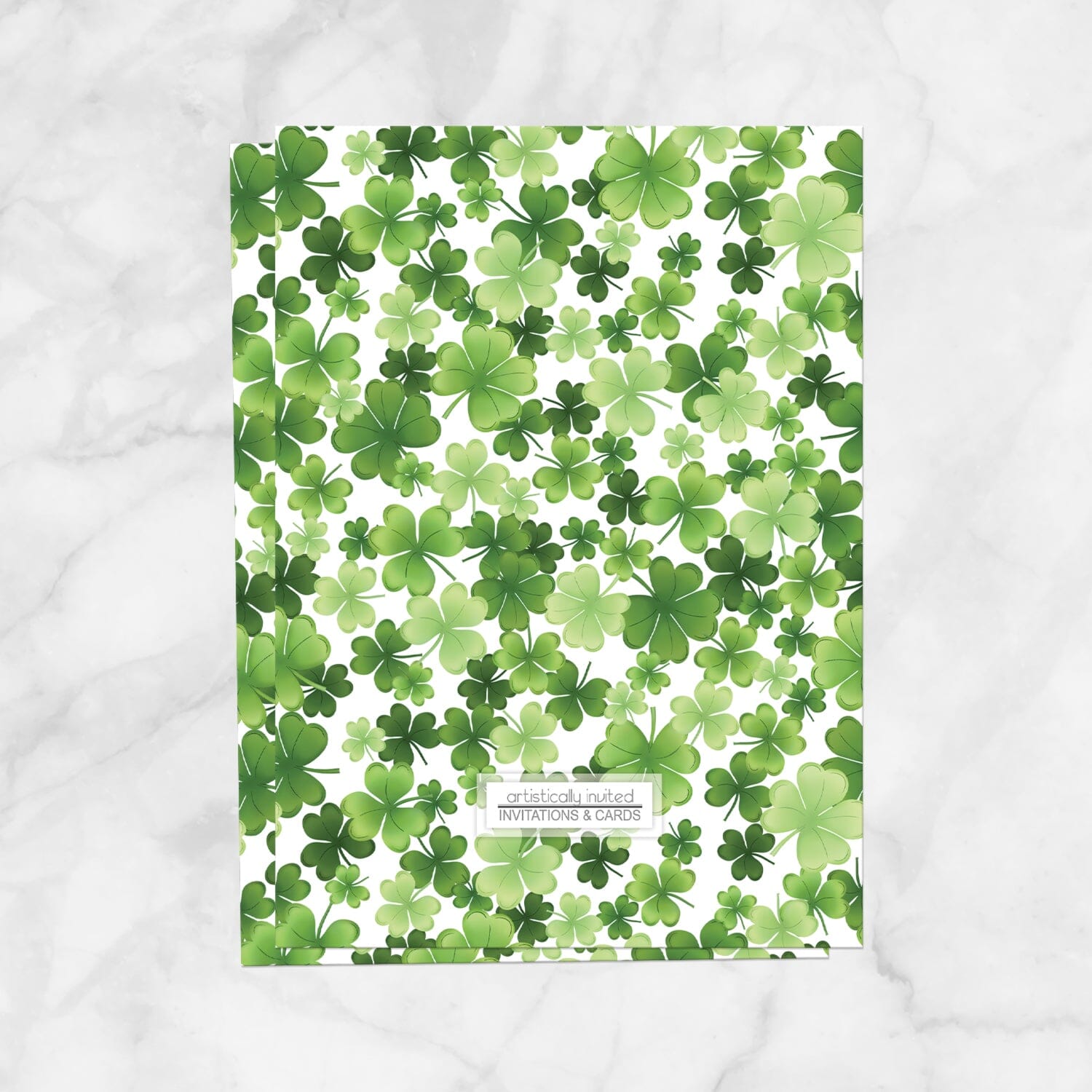 Shamrock and 4-leaf clover bridal shower invitation features the pattern printed on the backside of the invitation when the printed invitation upgrade is purchased