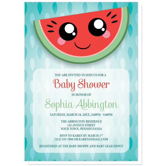 Smiling Watermelon Slice Baby Shower Invitations at Artistically Invited. Cute smiling watermelon slice baby shower invitations with a happy and smiling Kawaii-style red and green watermelon slice over a turquoise seed pattern background. The personalized information you provide for your baby shower celebration will be custom printed in red, green, and dark turquoise over a lightened frame area over the seeds pattern below the watermelon slice.