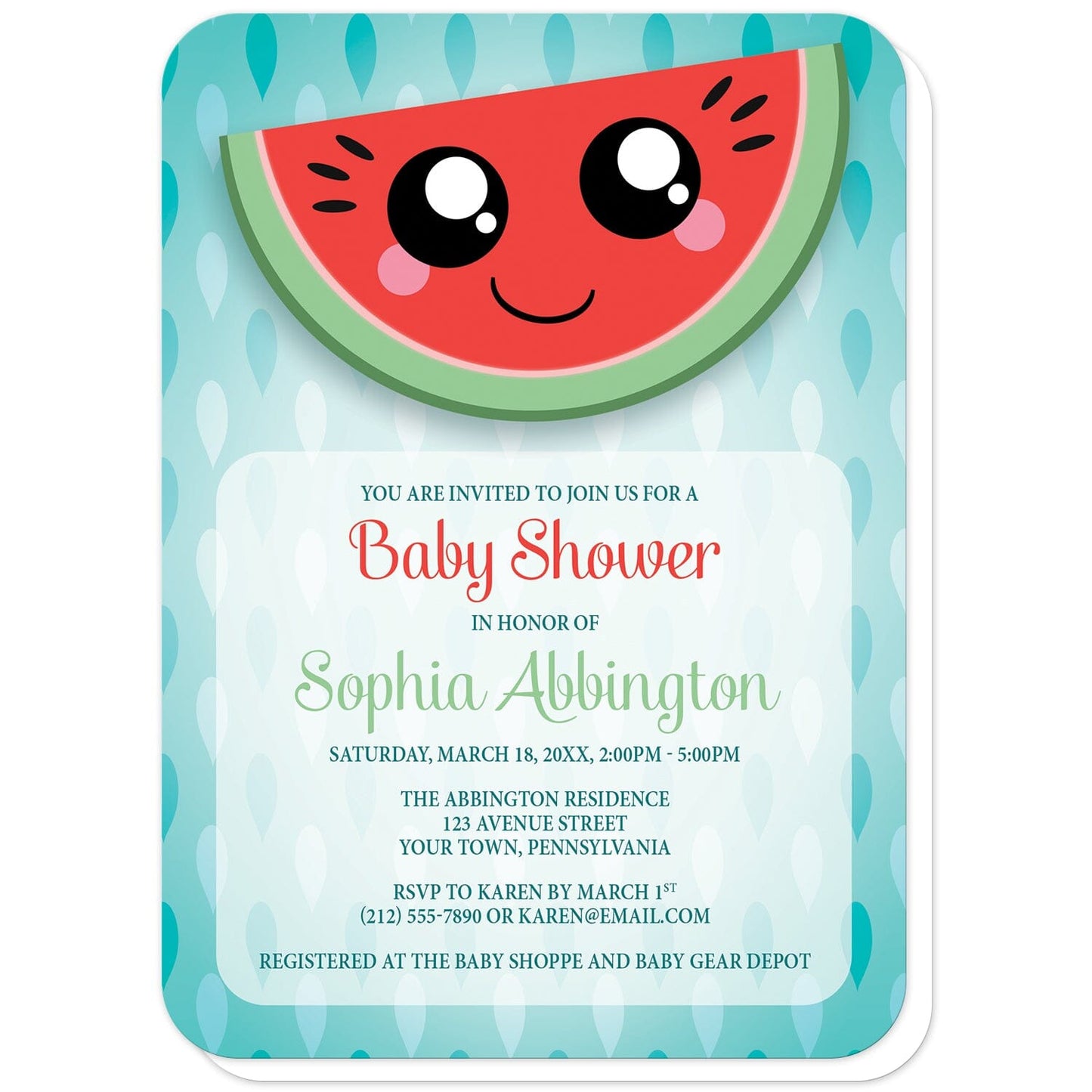 Smiling Watermelon Slice Baby Shower Invitations (with rounded corners) at Artistically Invited. Cute smiling watermelon slice baby shower invitations with a happy and smiling Kawaii-style red and green watermelon slice over a turquoise seed pattern background. The personalized information you provide for your baby shower celebration will be custom printed in red, green, and dark turquoise over a lightened frame area over the seeds pattern below the watermelon slice.