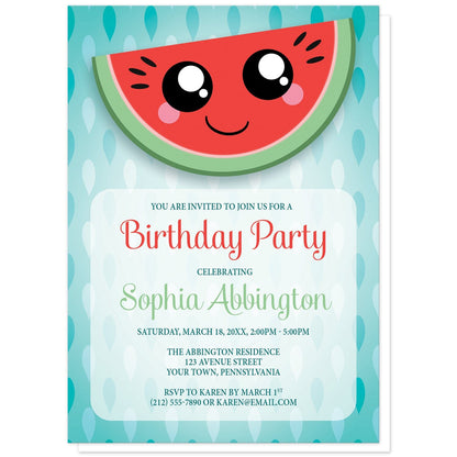Smiling Watermelon Slice Birthday Party Invitations at Artistically Invited. Cute smiling watermelon slice birthday party invitations with a happy and smiling Kawaii-style red and green watermelon slice over a turquoise seed pattern background. The personalized information you provide for your birthday party celebration will be custom printed in red, green, and dark turquoise over a lightened frame area over the seeds pattern below the watermelon slice.