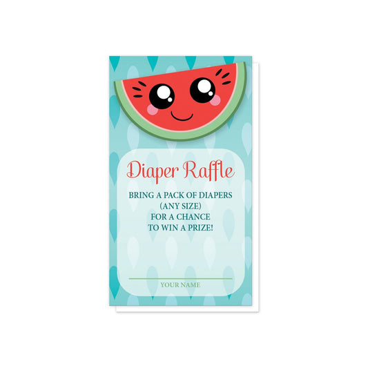 Smiling Watermelon Slice Diaper Raffle Cards at Artistically Invited. Cute smiling watermelon slice diaper raffle cards with a happy and smiling Kawaii-style red and green watermelon slice over a turquoise seed pattern background. Your diaper raffle details are printed in red and dark turquoise in a lightened frame area over the seeds pattern below the watermelon slice.