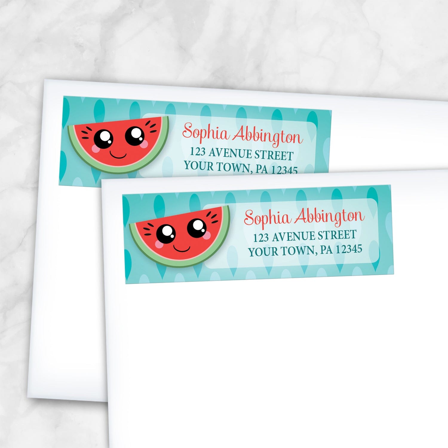 2 Smiling Watermelon Slice Address Labels shown on white envelopes on a marble surface