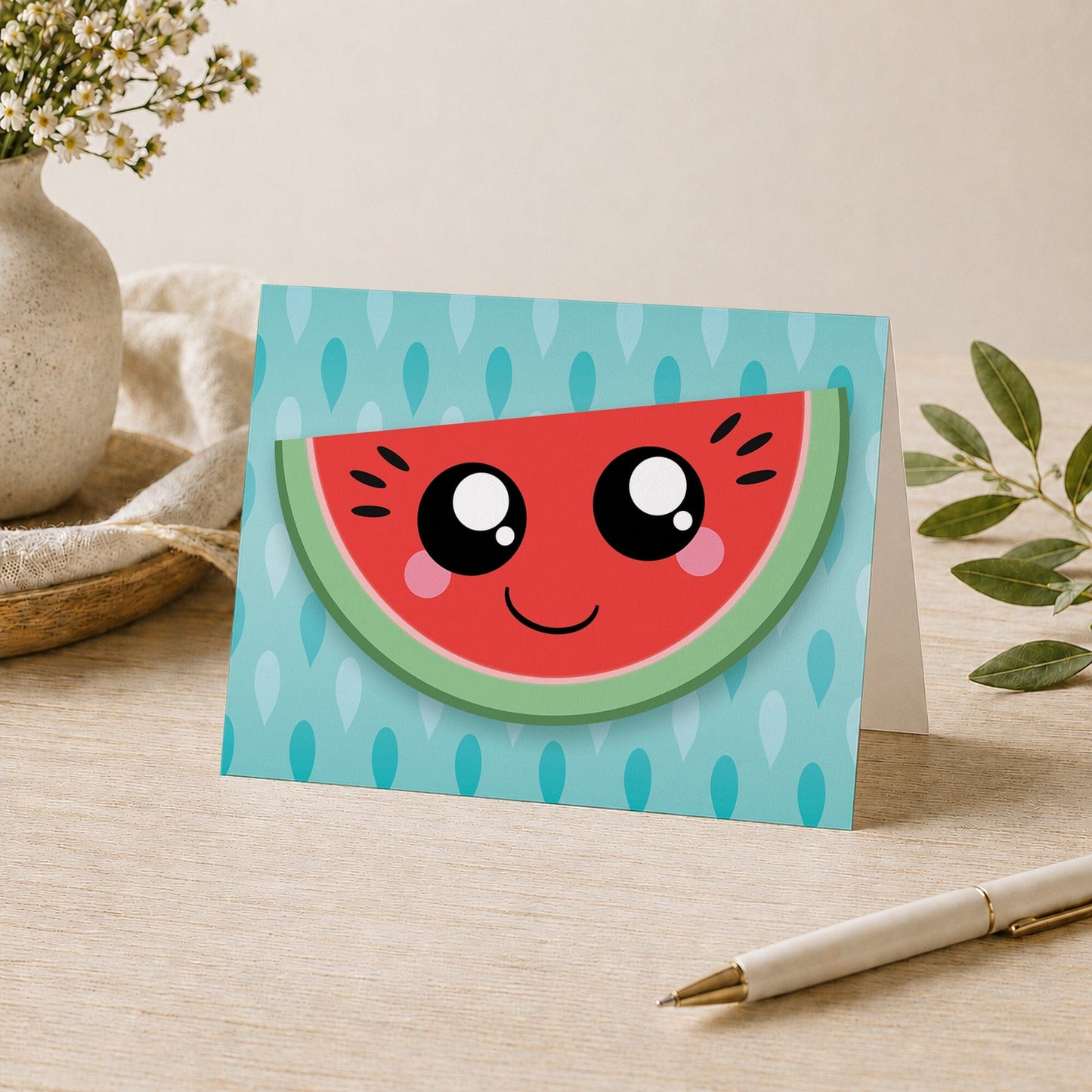 Smiling Watermelon Slice Note Card shown on a desk with a vase, plants, and a pen.