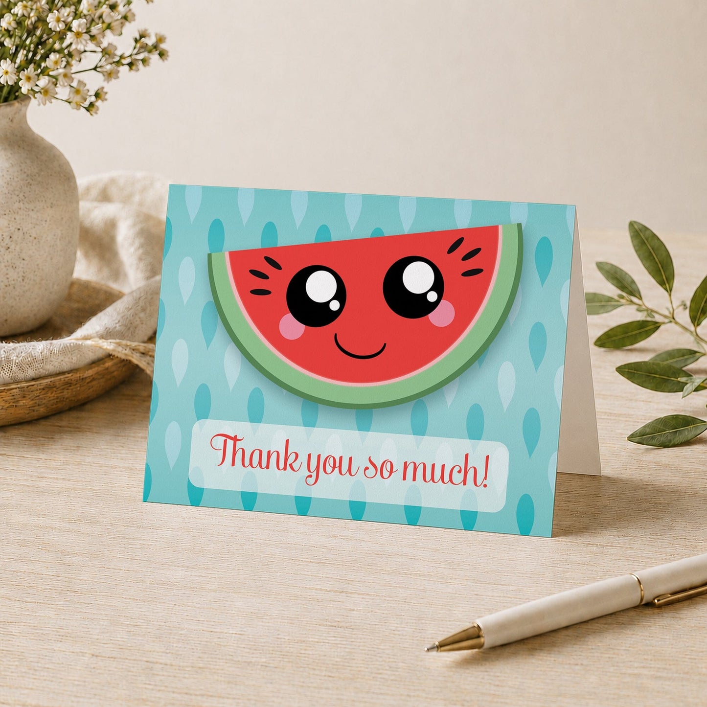 Smiling Watermelon Slice Thank You Card shown on a desk with a vase, plants, and a pen.