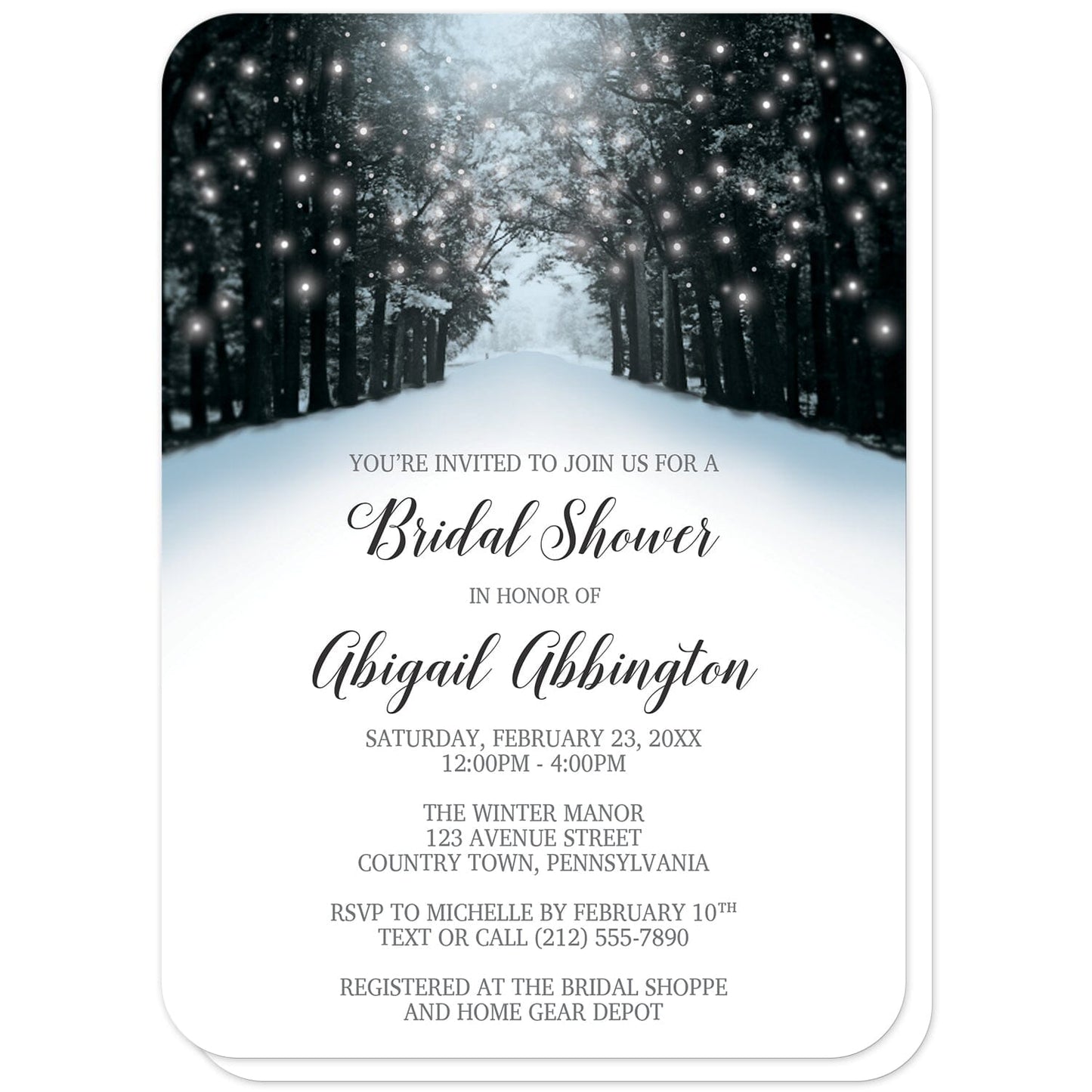 Snowy Winter Road Tree Lights Bridal Shower Invitations (with rounded corners) at Artistically Invited. Beautiful snowy winter road tree lights bridal shower invitations with a snowy tree lined road filled with white holiday lights. They're designed in a blue, black, and gray winter color scheme with a winter wonderland theme. 
