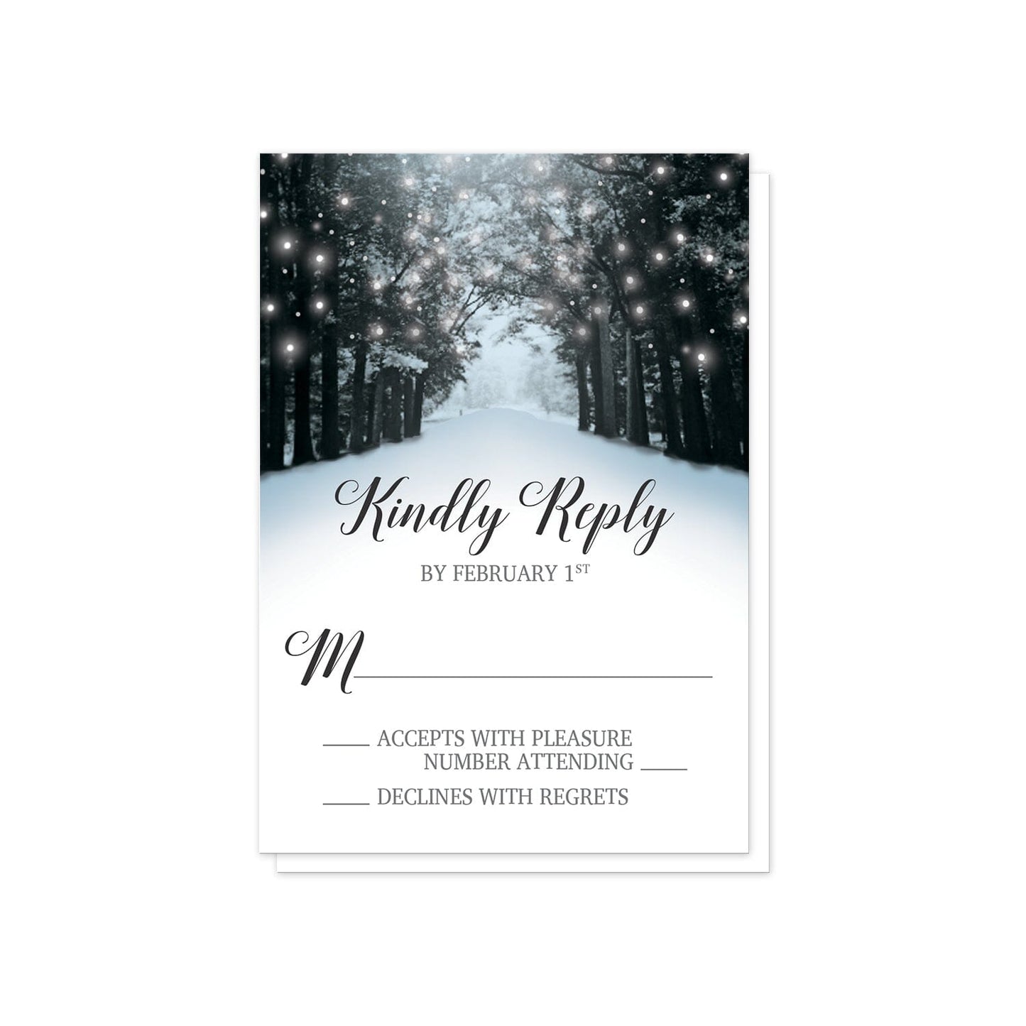 Snowy Winter Road Tree Lights RSVP Cards at Artistically Invited.