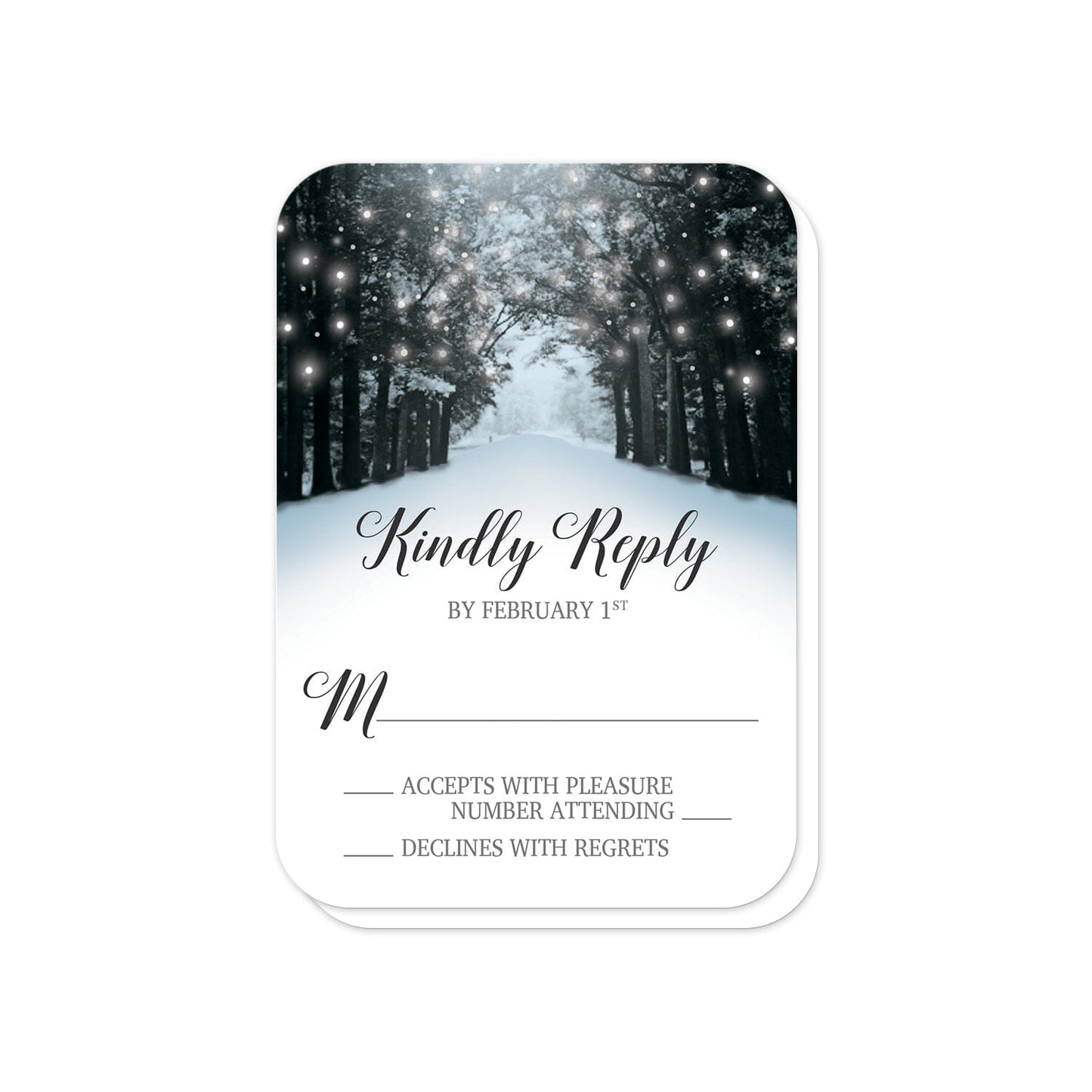 Snowy Winter Road Tree Lights RSVP Cards (with rounded corners) at Artistically Invited.