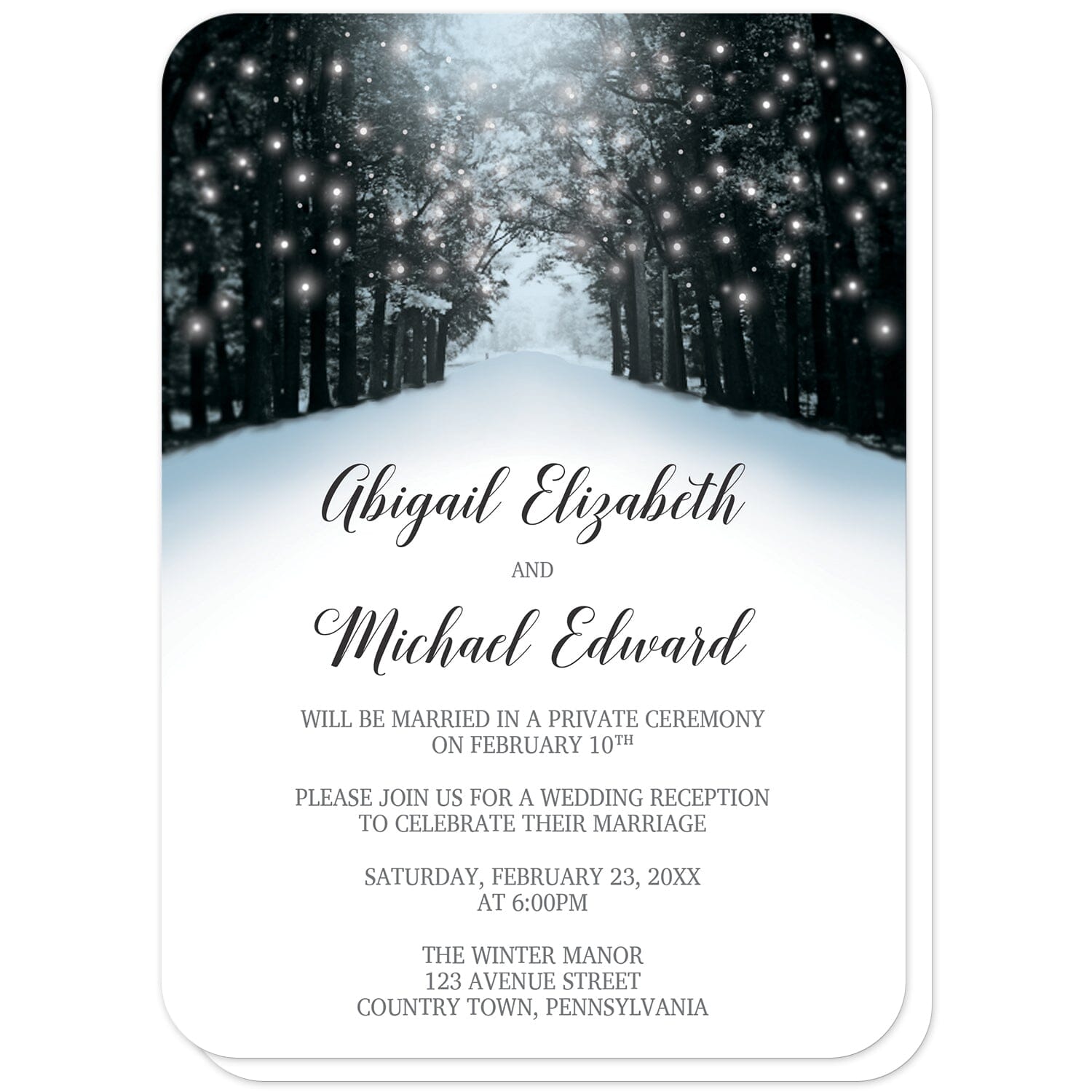 Snowy Winter Road Tree Lights Reception Only Invitations (with rounded corners) at Artistically Invited. Beautiful snowy winter road tree lights reception only invitations with a snowy tree lined road filled with white holiday lights. They're designed in a blue, black, and gray winter color scheme with a winter wonderland theme. Your personalized post-wedding reception details are custom printed in black and gray over a snow white background below the snowy road design.