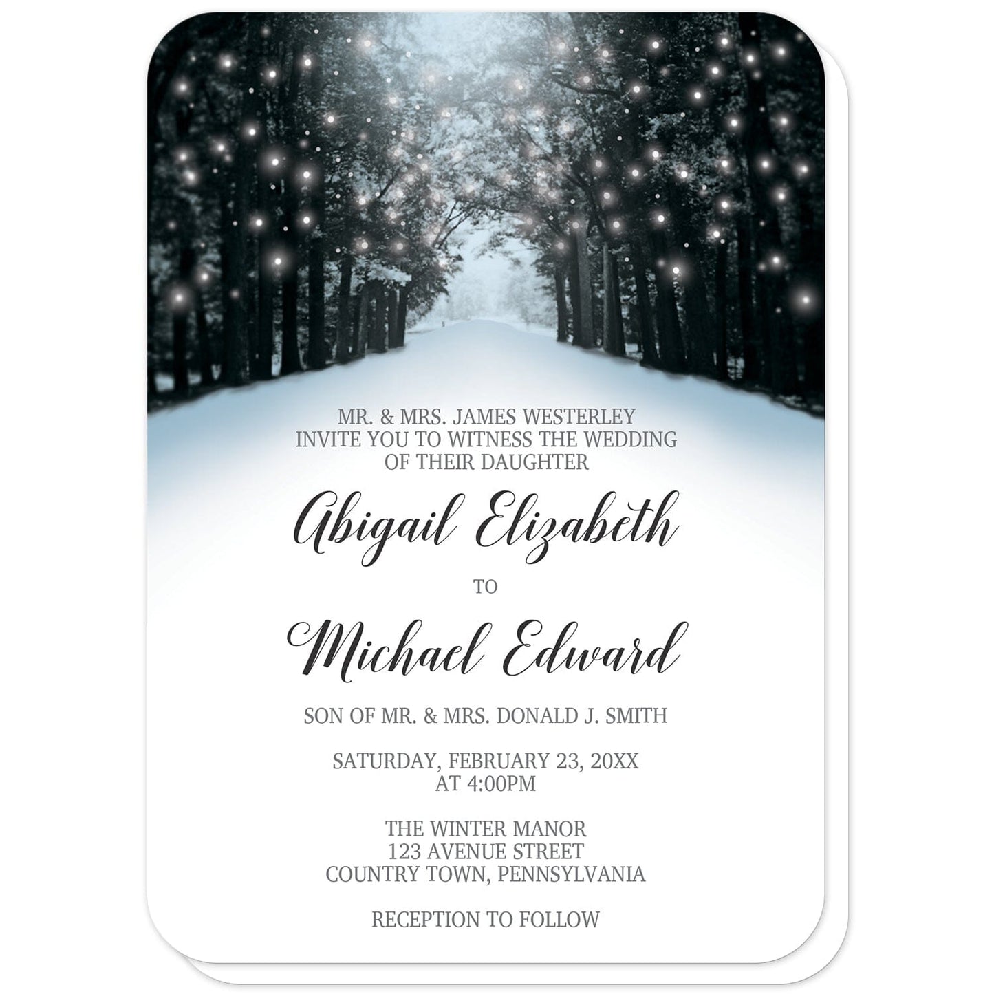 Snowy Winter Road Tree Lights Wedding Invitations (with rounded corners) at Artistically Invited. Beautiful snowy winter road tree lights wedding invitations with a snowy tree lined road filled with white holiday lights. They're designed in a blue, black, and gray winter color scheme with a winter wonderland theme. Your personalized marriage celebration details are custom printed in black and gray over a snow white background below the snowy road design.