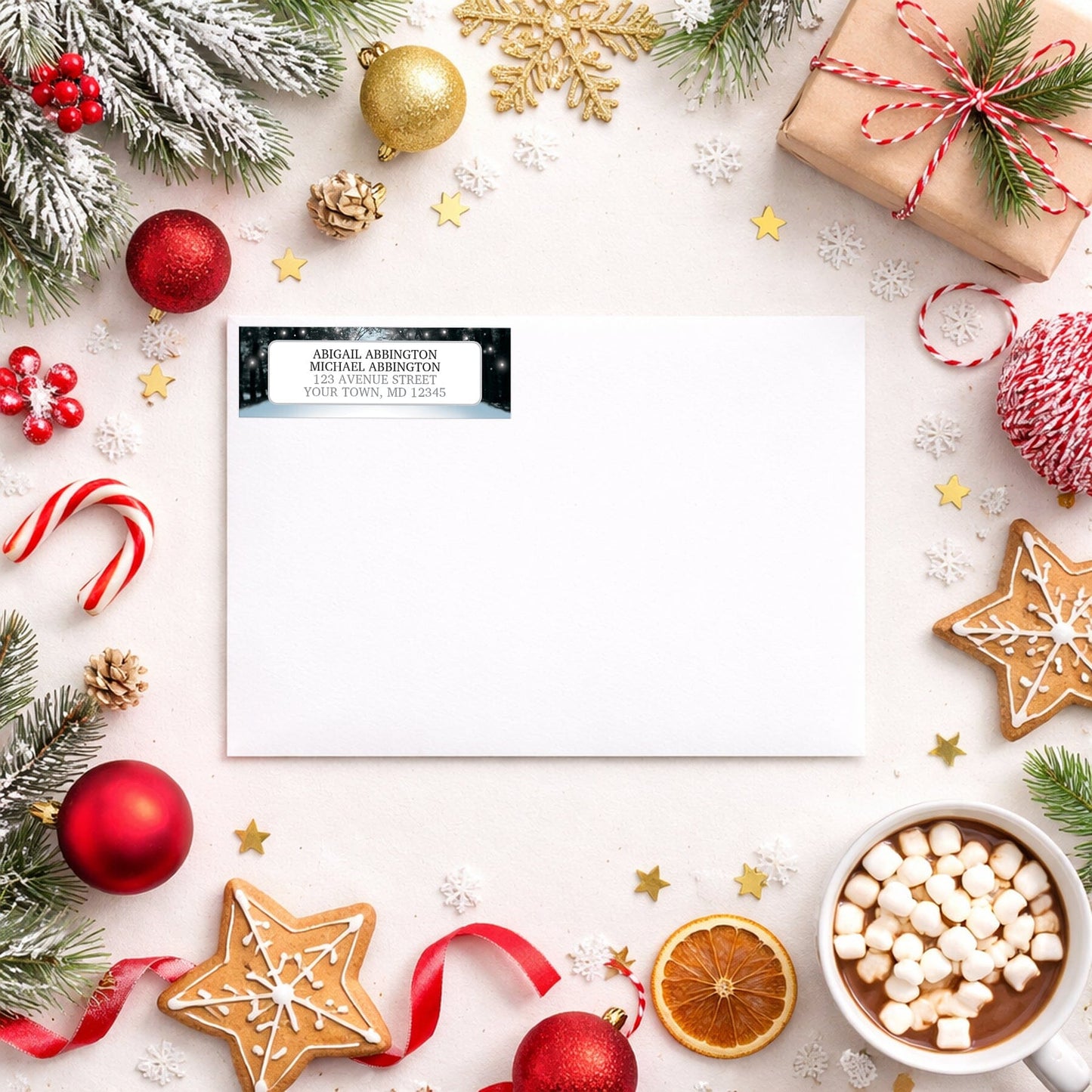 Snowy Winter Road Tree Lights Address Label shown on a white envelope with winter Christmas holiday supplies