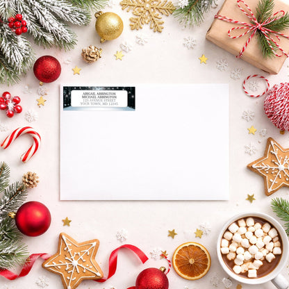Snowy Winter Road Tree Lights Address Label shown on a white envelope with winter Christmas holiday supplies