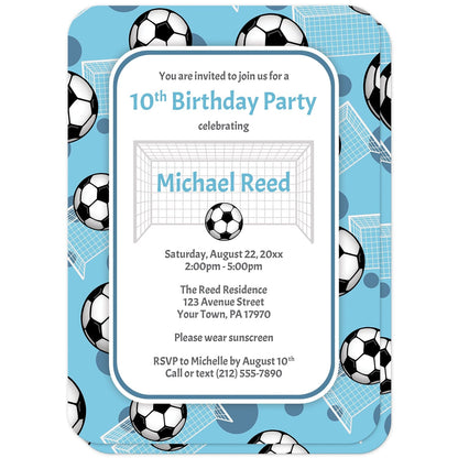 Soccer Ball and Goal Blue Birthday Party Invitations (with rounded corners) at Artistically Invited. Sports-themed soccer ball and goal blue birthday party invitations for any age or milestone that are uniquely illustrated with a pattern of soccer balls and soccer goals over a blue background color. Your personalized birthday party details are custom printed in blue and gray over white in the center over the soccer pattern.