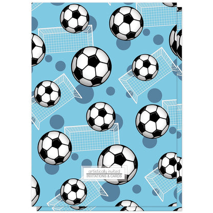 Soccer Ball and Goal Blue Birthday Party Invitations (back side) at Artistically Invited. 