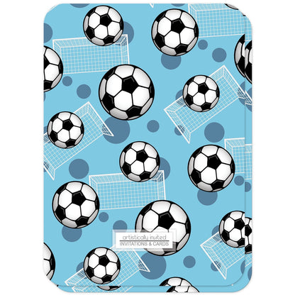 Soccer Ball and Goal Blue Birthday Party Invitations (back side with rounded corners) at Artistically Invited.